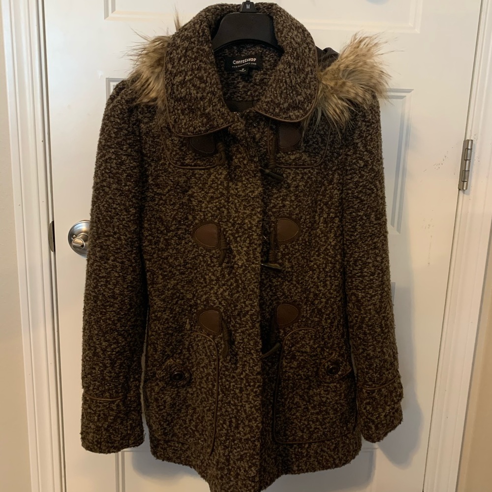 Brown tweed coat with removable faux fur hood - Picture 2 of 10